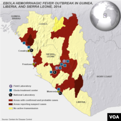 CDC map of east Africa, areas with confirmed and probable cases of Ebola