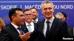 Macedonian Prime Minister Zoran Zaev and NATO Secretary-General Jens Stoltenberg pose during a family photo in Skopje, North Macedonia, June 3, 2019. 