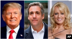 FILE - This combination photo shows, from left, President Donald Trump, attorney Michael Cohen and adult film actress Stormy Daniels.