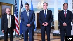 FILE - From left, Marshall Islands Foreign Minister Jack Ading, Micronesia President Wesley Simina, U.S. Secretary of State Antony Blinken and Palau President Surangel Whipps speak with reporters at the State Department in Washington, Sept. 26, 2023.