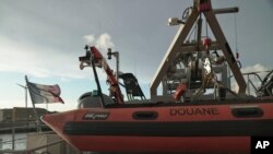 A view of one of the vessels from the French Gendarmerie Nationale in the port of Boulogne-Sur-Mer, France, Sept. 3, 2024, after participating in the rescue operation after a boat carrying migrants ripped apart attempting to cross the English Channel. 