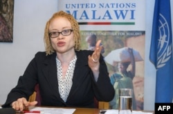 FILE - The U.N.'s independent expert on human rights and albinism, Ikponwosa Ero, addresses a news conference at the end of her official visit to Malawi, April 29, 2016.
