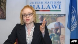 The U.N.'s independent expert on human rights and albinism, Ikponwosa Ero, addresses a news conference at the end of her official visit to Malawi on April 29, 2016. 
