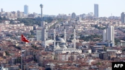 A view taken on Aug. 9, 2019 from Ankara Castle shows Kocatepe Mosque and Atakule television tower, top second from left, in Ankara, Turkey.
