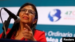 Venezuelan Foreign Minister Delcy Rodriguez speaks during a news conference on the sidelines of the OAS 47th General Assembly in Cancun, Mexico, June 20, 2017.