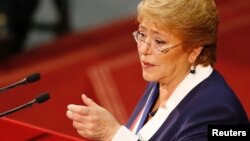 FILE - Chile's President Michelle Bachelet delivers the last speech of her presidential mandate to the nation ahead of the next presidential election, in Valparaiso, June 1, 2017. 