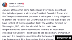 Trampova objava o pomeranju inaguracije na mreži Truth Social, 17. januar 2025.