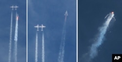FILE - This combination of photos shows the Virgin Galactic SpaceShipTwo rocket separating from the carrier aircraft, left, prior to it exploding in the air, right, during a test flight over the Mojave Desert, Oct. 31, 2014.