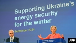 European Commission President Ursula von der Leyen, right, and Executive Director of the International Energy Agency (IEA) Fatih Birol speak at a press conference on supporting Ukraine's energy security, at EU headquarters in Brussels, Sept. 19, 2024.