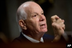 FILE - Sen. Ben Cardin, D-Md. is seen during a Senate Foreign Relations Committee hearing on Capitol Hill to review the Iran nuclear agreement, July 23, 2015.