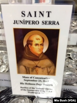 A holy card for Junipero Serra, the Franciscan friar who is to be canonized by Pope Francis at the Basilica of the National Shrine of the Immaculate Conception in Washington, Sept. 23, 2015.