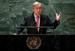 Sekjen PBB Antonio Guterres saat menyampaikan sambutan pada sidang ke-76 Majelis Umum PBB di Markas Besar PBB, New York, 21 September 2021.