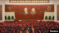 North Korean leader Kim Jong Un speaks during the Second Plenum of the 7th Central Committee of the Workers' Party of Korea (WPK) at the Kumsusan Palace of the Sun, in this undated photo released by North Korea's Korean Central News Agency in Pyongyang, Oct. 8, 2017.