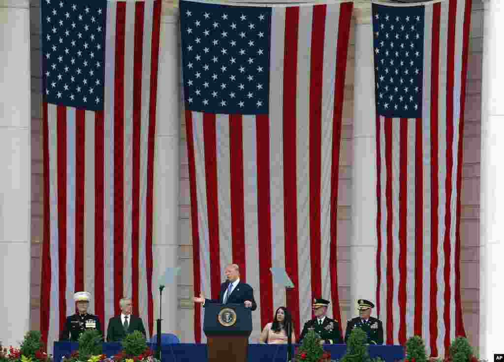 President Donald Trump speaks at the Memorial Amphitheater in Arlington National Cemetery in Arlington, Virginia, May 29, 2017, during a Memorial Day ceremony.