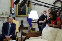 U.S. President Donald Trump speaks while meeting with Pakistan’s Prime Minister Imran Khan in the Oval Office at the White House in Washington, July 22, 2019.