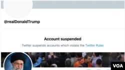 This photo collage by Voice of America shows US President Donald Trump's Twitter account, top, and Ayatollah Ali Khamenei’s apparent English account. 