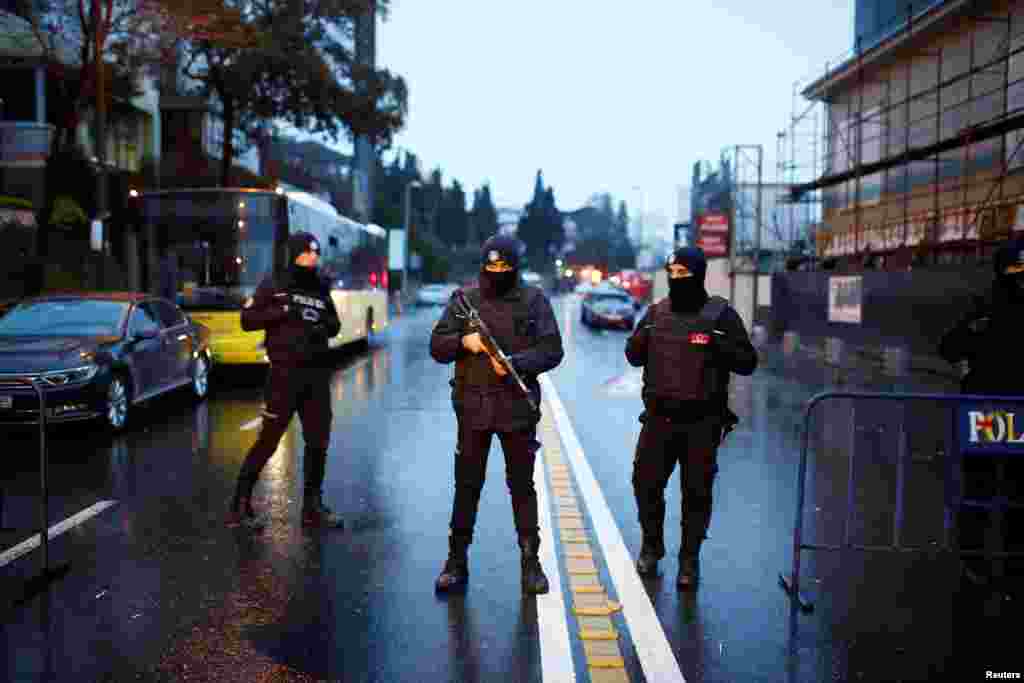 Police secure the area near an Istanbul nightclub, following a gun attack, in Turkey, Jan. 1, 2017. 