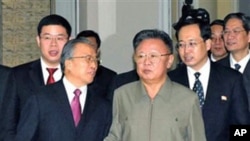 In this photo released by Korean Central News Agency via Korea News Service in Tokyo, North Korean leader Kim Jong Il, center right, and Chinese State Councilor Dai Bingguo, center left, walk together in Pyongyang, 9 Dec. 2010