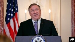 Secretary of State Mike Pompeo speaks on the release of the 2019 Trafficking in Person (TIP) Report at the US State Department in Washington, Thursday, June 20, 2019. (AP Photo/Pablo Martinez Monsivais)