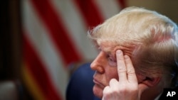 President Donald Trump listens during a Cabinet meeting in the Cabinet Room of the White House, July 16, 2019, in Washington. 