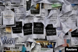 Flyers on a college noticeboard on campus at Yale University in New Haven, Conn., Nov. 12, 2015. More than 1,000 students, professors and staff gathered Wednesday to discuss race and diversity at the elite Ivy League school.