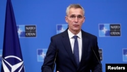 NATO Secretary General Jens Stoltenberg gives a press briefing after a meeting with President of Mauritania Mohamed Ould El-Ghazouani at the Alliance headquarters in Brussels, Belgium, Jan. 14, 2021.