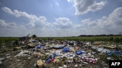 TOPSHOTS-- AFP PICTURES OF THE YEAR 2014 --A photo taken on July 23, 2014 shows the crash site of the downed Malaysia Airlines flight MH17, in a field near the village of Grabove, in the Donetsk region. The first bodies from flight MH17 arrived in the Net