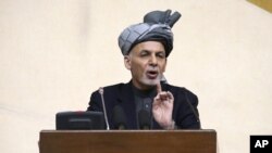 In this photo released by Afghanistan's Presidential Palace, President Ashraf Ghani speaks during a joint meeting of the National Assembly in Kabul, April 25, 2016. Ghani alleges Pakistan sheltering members of the Afghan Taliban.