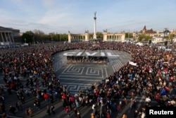 People protest in Heroes’ Square against a new law that would undermine Central European University, a liberal graduate school of social sciences founded by U.S. financier George Soros in Budapest, Hungary, April 12, 2017.