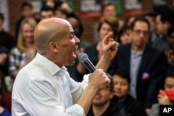 FILE - Sen. Cory Booker (Democrat-New Jersey) speaks at a get-out-the-vote event hosted by the NH Young Democrats at the University of New Hampshire in Durham, New Hamshire, Oct. 28, 2018.