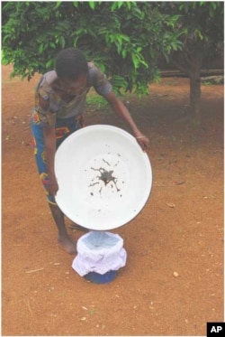Aug. 17, 2005. Nigeria. A Nigerian adolescent demonstrates one technique used for filtering water to remove water fleas that carry Guinea worm larva. The Carter Center assists the Nigerian Ministry of Health in distributing water filters to protect people