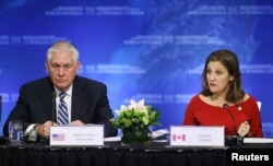 U.S. Secretary of State Rex Tillerson speaks with Canada’s Minister of Foreign Affairs Chrystia Freeland during the Foreign Ministers’ Meeting on Security and Stability on the Korean Peninsula in Vancouver, British Columbia, Canada, Jan. 16, 2018.