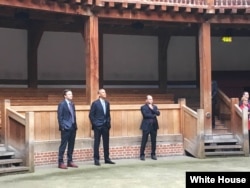 Obama touring Globe Theatre in London, April 23, 2016. (White House pool photo)