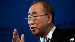 FILE - Former United Nations Secretary-General Ban Ki-moon addresses an audience June 28, 2017, in Boston.