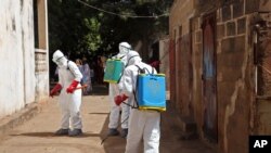 FILE - Health workers spray disinfectant around a mosque in Bamako, Mali, Nov. 14, 2014
