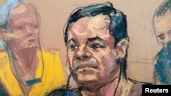 Dessin réalisé durant une audience de Joaquin "El Chapo" Guzman, a la cour fédérale de Brooklyn, New York, le 5 mai 2017