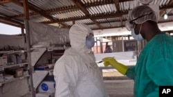 FILE - A health care worker assists a colleague inside a USAID-funded Ebola clinic in Monrovia, Liberia, Jan. 30, 2015. 