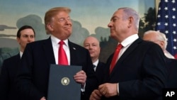 FILE - President Donald Trump smiles at Israeli Prime Minister Benjamin Netanyahu after signing a proclamation at the White House in Washington, March 25, 2019.