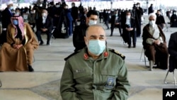 Islamic Revolutionary Guard Corps Gen. Hossein Salami attends a ceremony marking the approaching anniversary of the death of Quds Force leader Qassem Soleimani, in Tehran, Iran, Jan. 1, 2021.