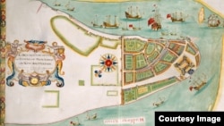  This colorful 1664 map commemorates the English victory over the Dutch for control of New York and explains how places like Battery Park and Wall Street got their names. (From "A History of America in 100 Maps"/Courtesy of The British Library)