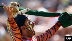 A Bangladesh fan cheers during the second one-day international cricket match between New Zealand and Bangladesh at Saxton Oval in Nelson on December 20, 2023. (Photo by Marty MELVILLE / AFP)