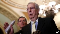 FILE - U.S. Senate Republican Majority Leader Mitch McConnell speaks to members of the media on Capitol Hill in Washington, April 2, 2019. 
