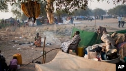 FILE - An elderly displaced woman sits in front of a tree in a village in Awerial, South Sudan, Jan. 16, 2014.