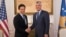 Kosovo's president Hashim Thaci, right, shakes hands with Hoyt Brian Yee, Deputy Assistant Secretary for European and Eurasian Affairs, responsible for U.S. relations with the countries of Central Europe and South Central Europe, Oct. 25, 2017, in Kosovo capital Pristina.