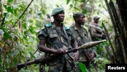 FILE - Democratic Republic of Congo military personnel (FARDC) patrol against the Allied Democratic Forces (ADF) and the National Army for the Liberation of Uganda (NALU) rebels near Beni in North-Kivu province.