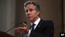 U.S. Secretary of State Antony Blinken speak to the press after the meeting with the foreign ministers of the Arab Contact Group on Syria in Jordan's southern Red Sea coastal city of Aqaba, Dec. 14, 2024. (Andrew Caballero-Reynolds/Pool via AP)