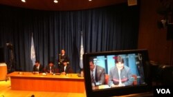 El presidente de Bolivia, Evo Morales, en la sede de Naciones Unidas en Nueva York en donde explicó por qué no pudo saludar a Hugo Chávez. [Foto: Celia Mendoza]