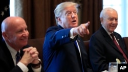 President Trump, flanked by Rep. Kevin Brady, left, and Sen. Orrin Hatch, right, speaks during a bicameral meeting with lawmakers working on tax cuts in the White House, Dec. 13, 2017. 