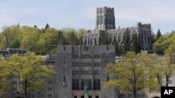 FILE - This May 2, 2019 file photo shows a view of the United States Military Academy at West Point, N.Y. West Point officials say one cadet was killed and over a dozen people were injured Thursday, June 6 when a vehicle they were riding in for summer…
