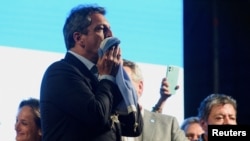 Argentina's presidential candidate Sergio Massa reacts to the results of the presidential election, in Buenos Aires, Argentina Oct. 22, 2023. 